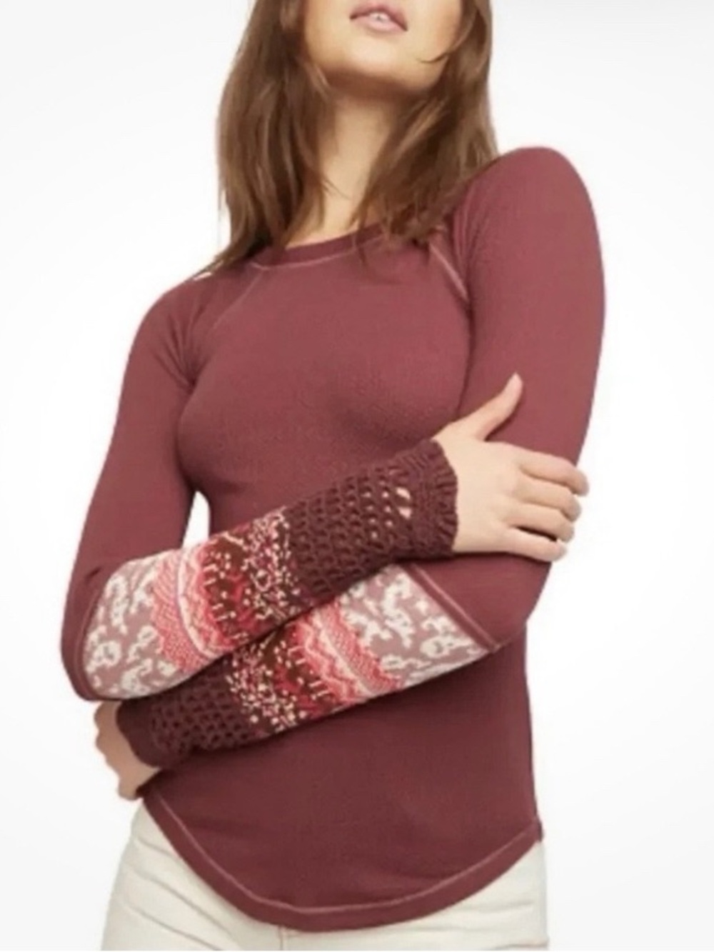 Free People In The Mix Burgundy Fair Isle Crochet Thermal Top M